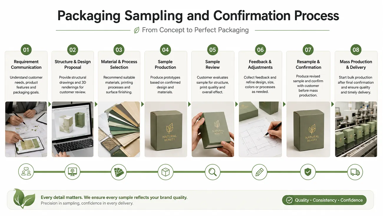 8-step packaging sampling and sample approval process infographic from Crown Win custom paper packaging printing factory