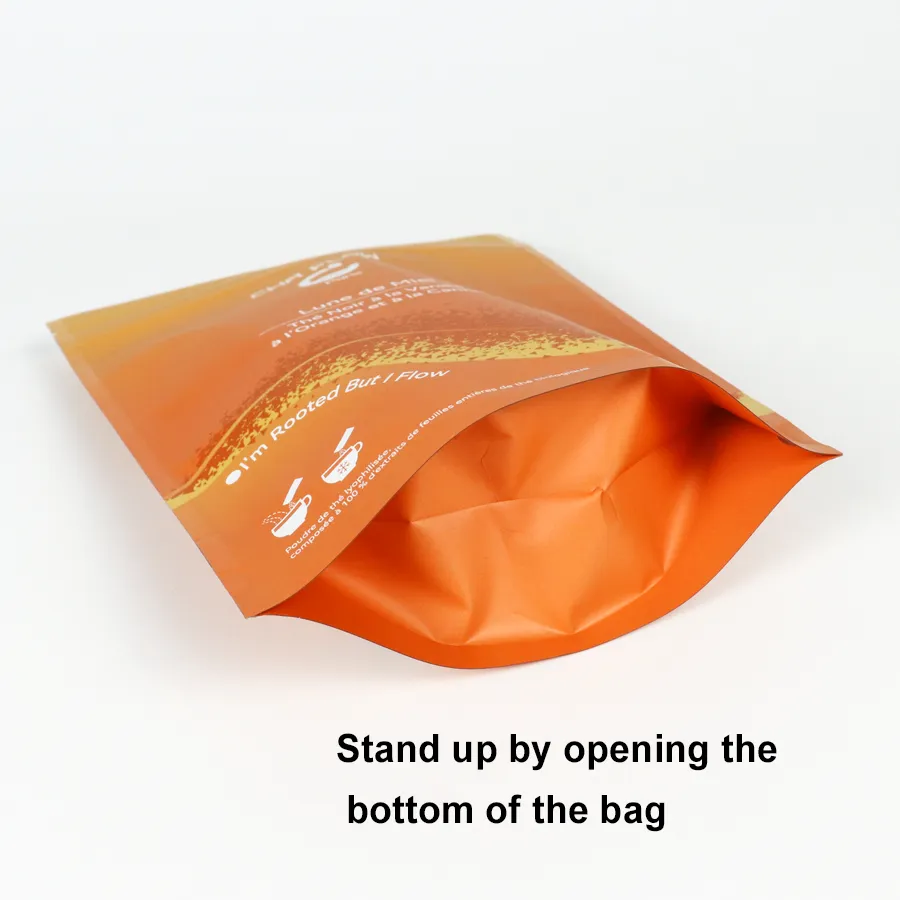 Custom Gradient Printed Stand Up Tea Packaging Pouches – Aluminum Foil Lined Resealable Zip Lock Tea Bags For Loose Leaf Tea & Instant Tea Powder