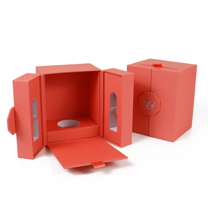 Custom Matte Orange Rigid Double Door Box – Hinged Dual Side Door Gift Box With Window For Perfume & Essential Oil Bottles