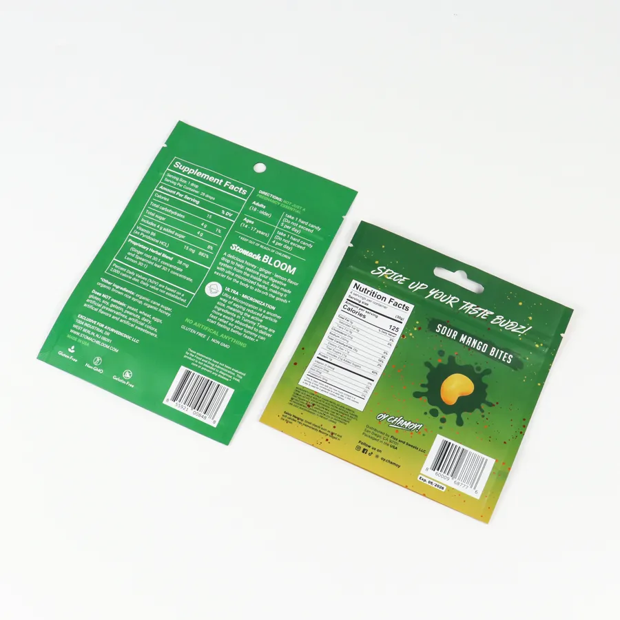 Custom Digital Printed Stand Up Zipper Candy Packaging Pouches – Food-Grade Resealable Hang Hole Bags For Fruit Candy & Supplement Drops