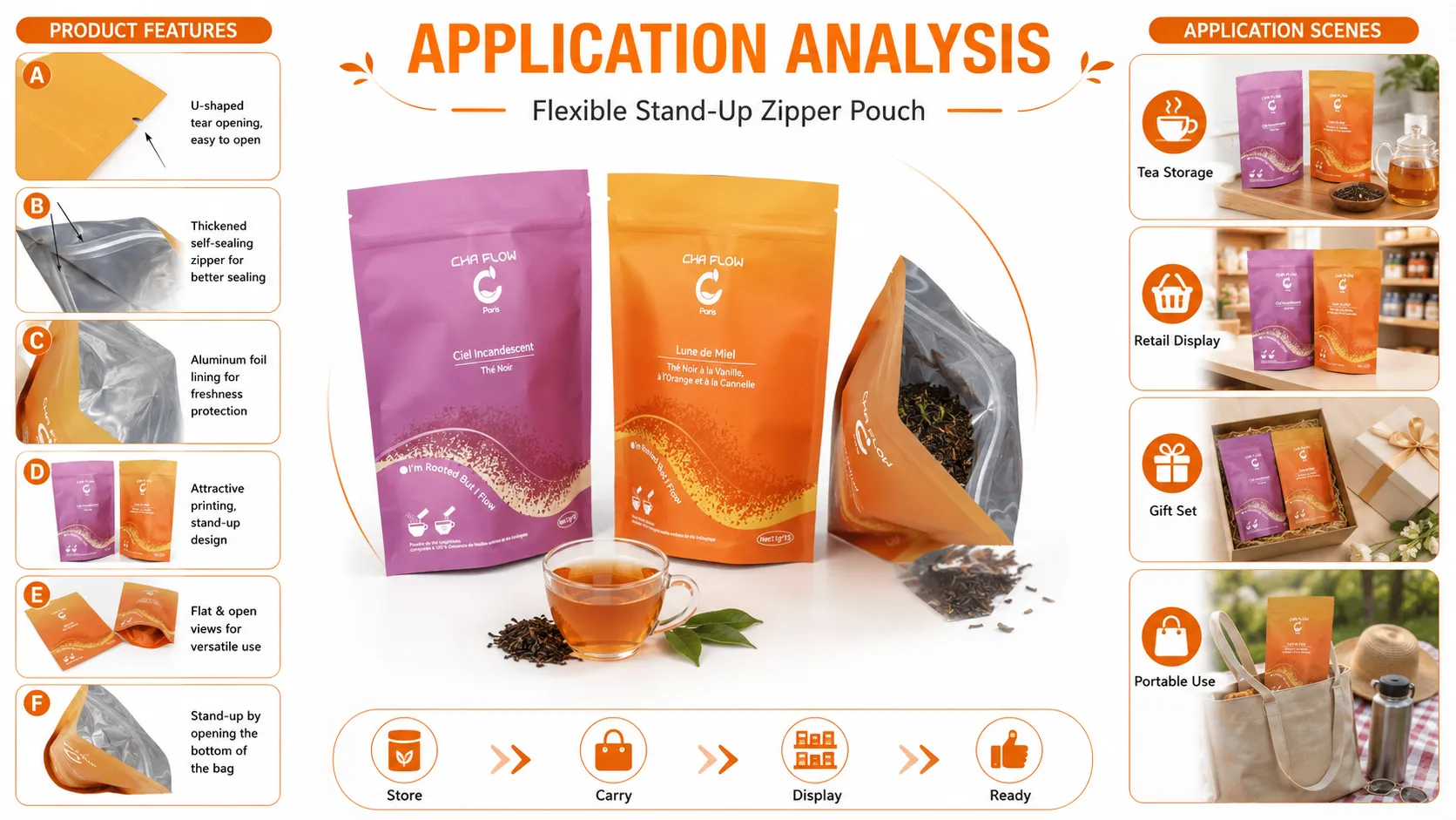 Custom Gradient Printed Stand Up Tea Packaging Pouches – Aluminum Foil Lined Resealable Zip Lock Tea Bags For Loose Leaf Tea & Instant Tea Powder-Scene