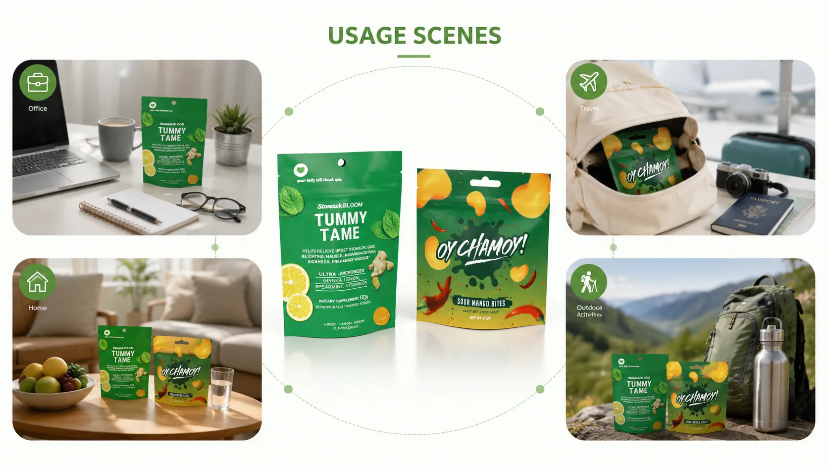 Custom Digital Printed Stand Up Zipper Candy Packaging Pouches – Food-Grade Resealable Hang Hole Bags For Fruit Candy & Supplement Drops-scene