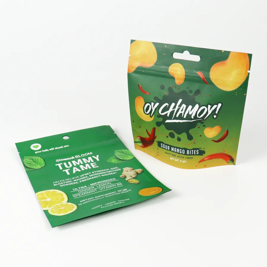 Custom Digital Printed Stand Up Zipper Candy Packaging Pouches – Food-Grade Resealable Hang Hole Bags For Fruit Candy & Supplement Drops