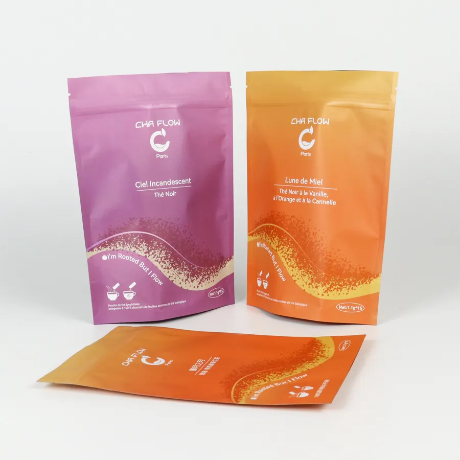 Custom Gradient Printed Stand Up Tea Packaging Pouches – Aluminum Foil Lined Resealable Zip Lock Tea Bags For Loose Leaf Tea & Instant Tea Powder
