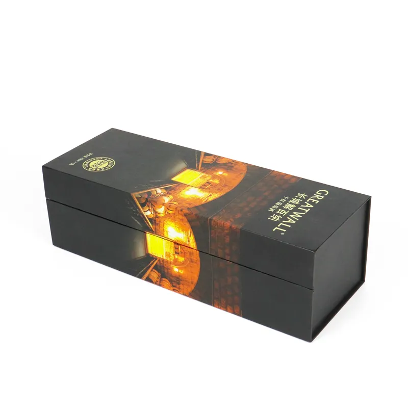 Luxury Long Rigid Magnetic Closure Boxes – Magnetic Flip Lid Wine Gift Boxes For Single Whiskey & Liquor Bottles