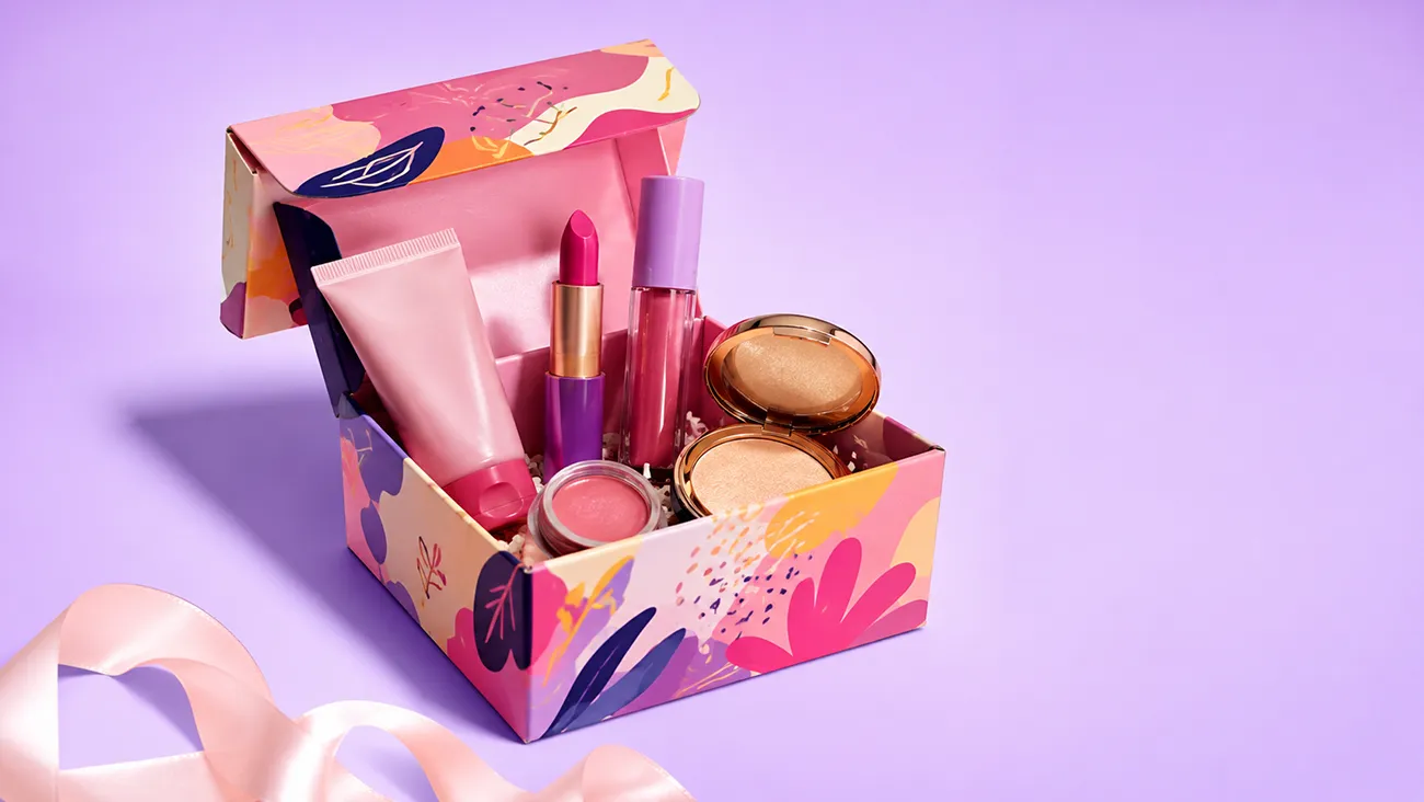 Colorful custom printed cosmetic gift box with ribbon for beauty gift sets