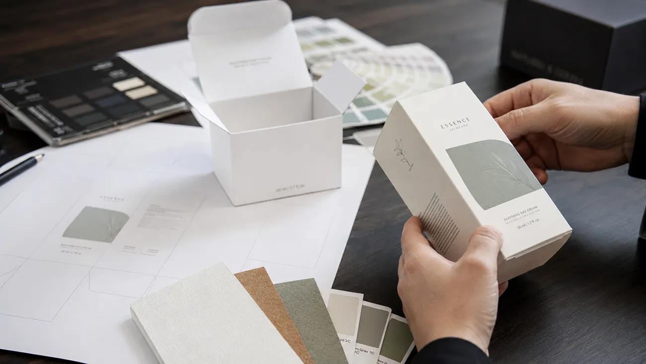 Packaging sample approval review for custom skincare paper boxes at Crown Win Box Manufacturer with color swatches and structural die-cut drafts