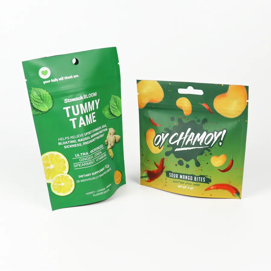 Custom Digital Printed Stand Up Zipper Candy Packaging Pouches – Food-Grade Resealable Hang Hole Bags For Fruit Candy & Supplement Drops