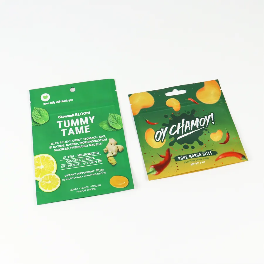 Custom Digital Printed Stand Up Zipper Candy Packaging Pouches – Food-Grade Resealable Hang Hole Bags For Fruit Candy & Supplement Drops