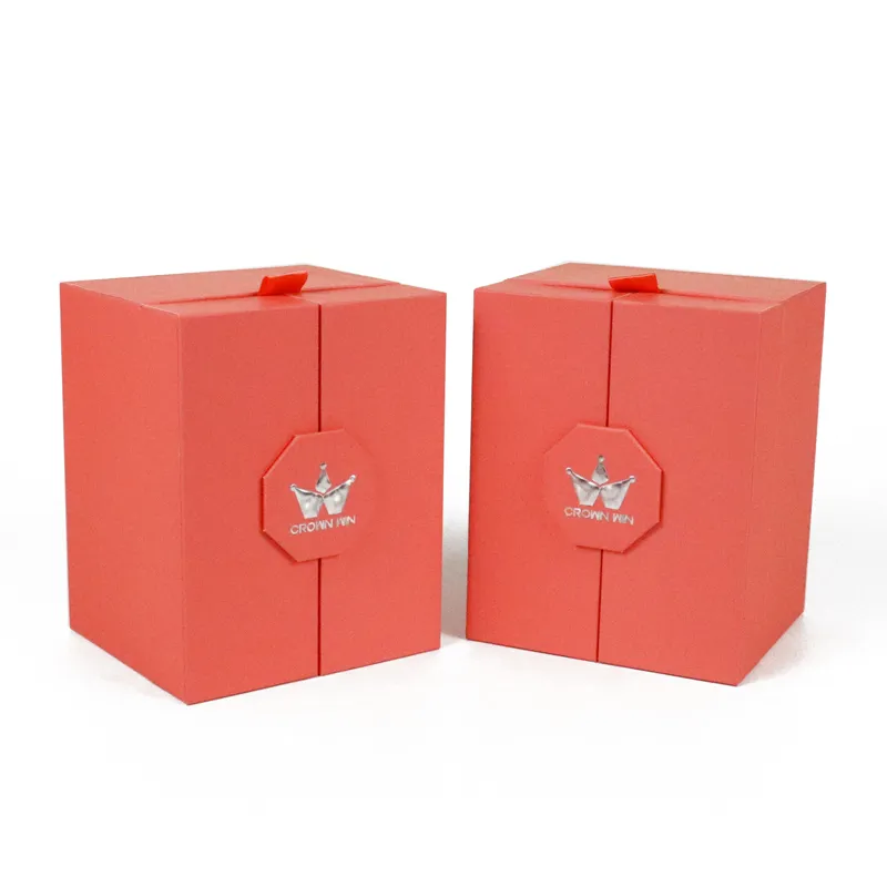 Custom Matte Orange Rigid Double Door Box – Hinged Dual Side Door Gift Box With Window For Perfume & Essential Oil Bottles