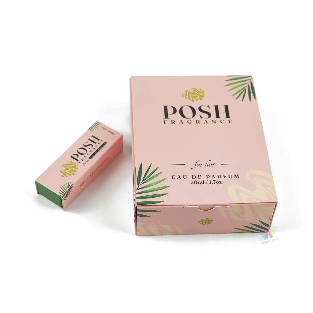 Pink tropical leaf flip top printed perfume box set with square parfum bottle and mini roller tube, custom logo luxury perfume gift box