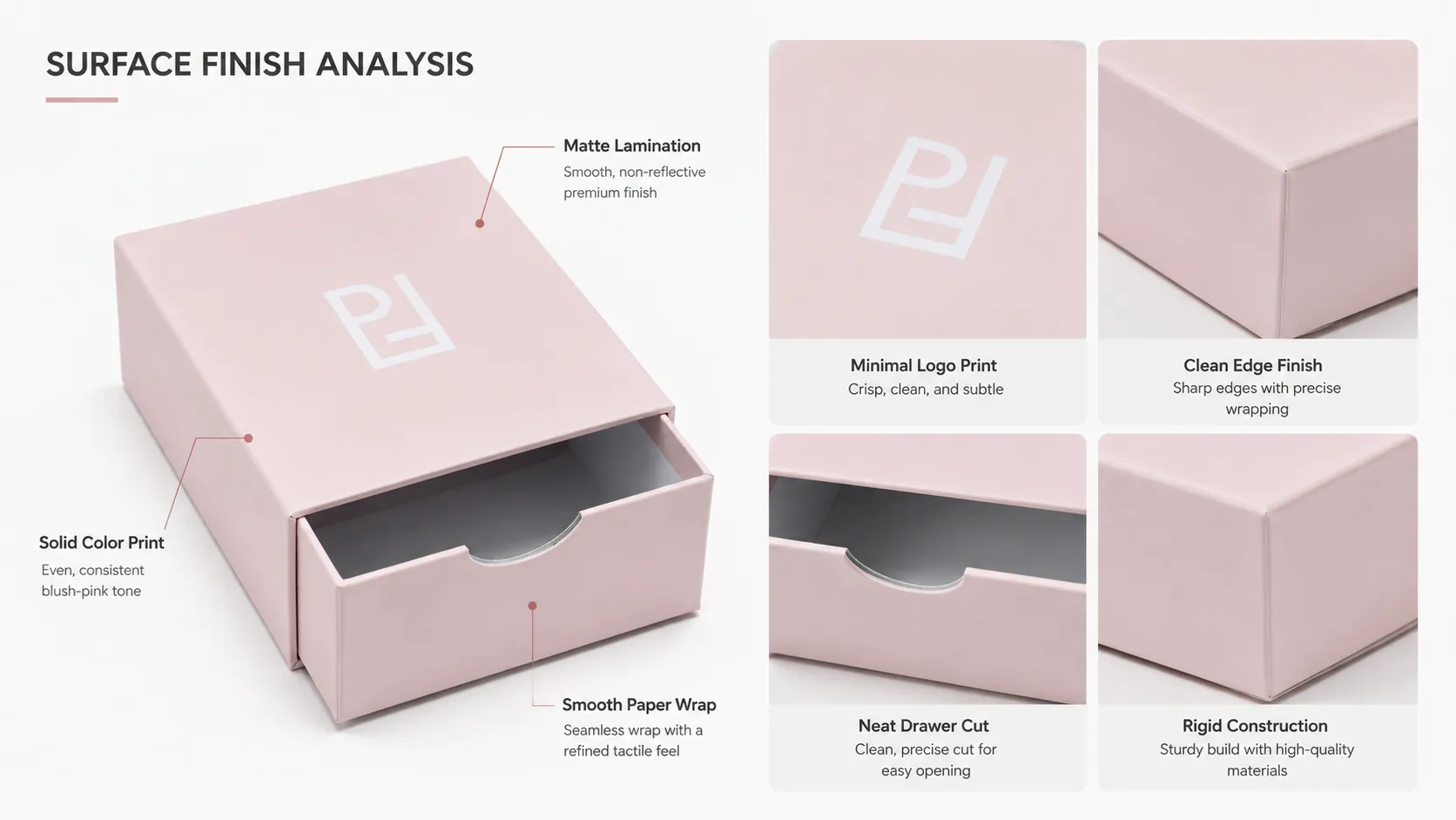 Pastel Pink Rigid Slide Drawer Essential Oil Boxes – Cut-Out Finger Pull Tab Custom White Logo Print Multi-Size-Process