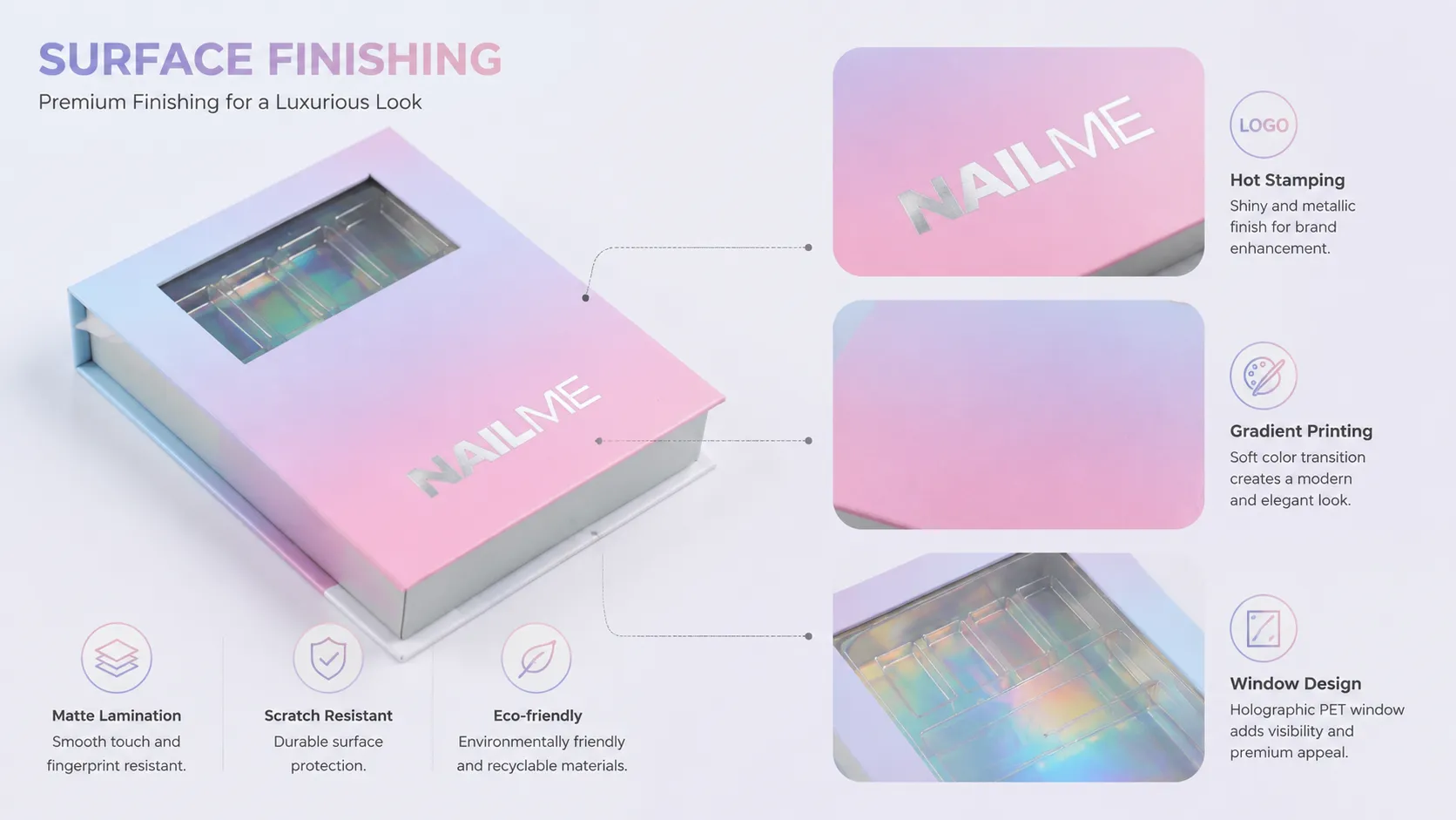 Pastel Pink-Blue Gradient Magnetic Window Box Packaging – Clear Display Window, Built-In Vanity Mirror & Removable Holographic Divided PET Insert Tray-Process