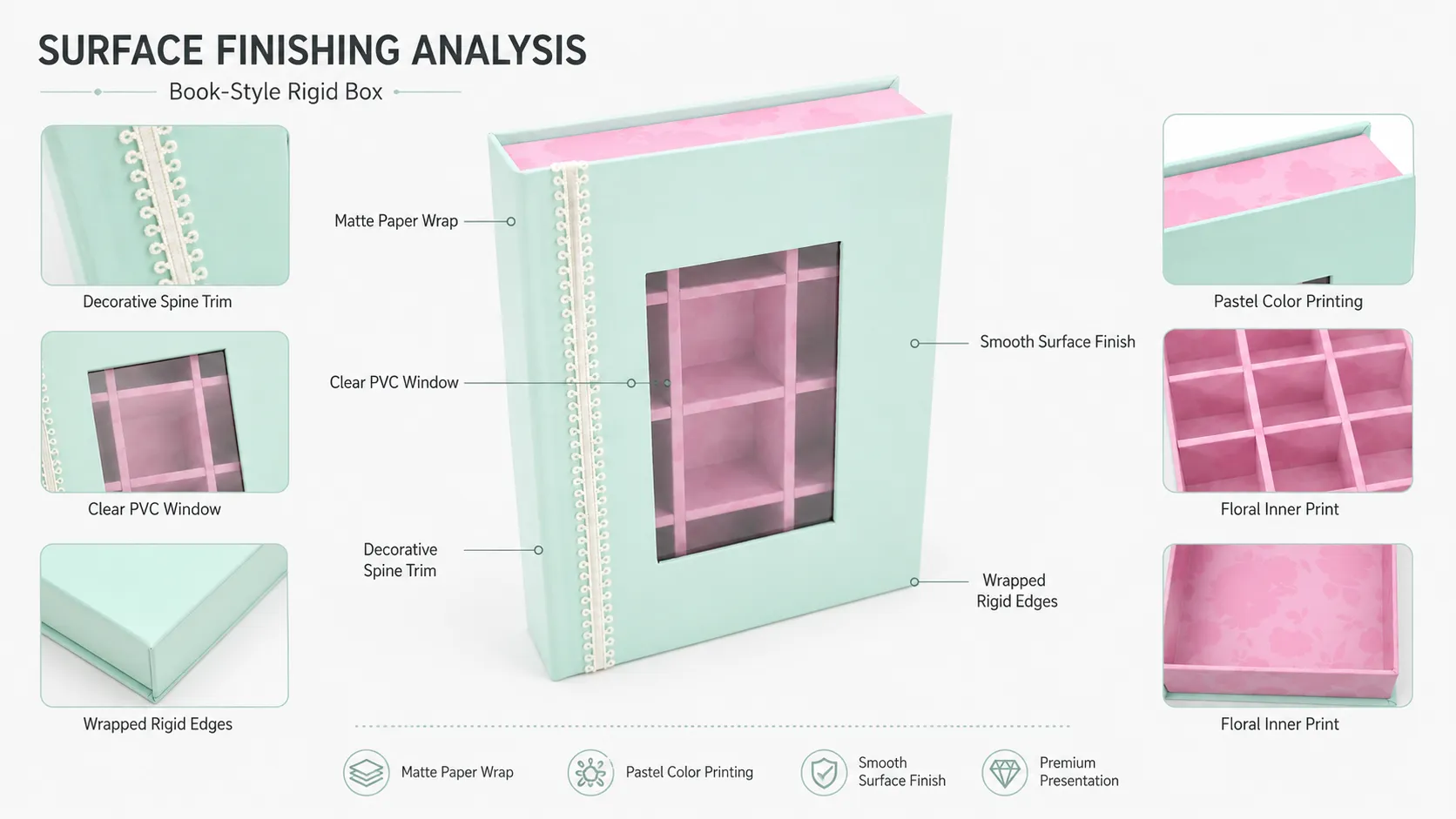 Book Shaped Magnetic Window Box Packaging – Clear PVC Display Window, Detachable 12-Grid Paper Divider, Pink Floral Lined Interior Custom Printed Rigid Gift Box-Process