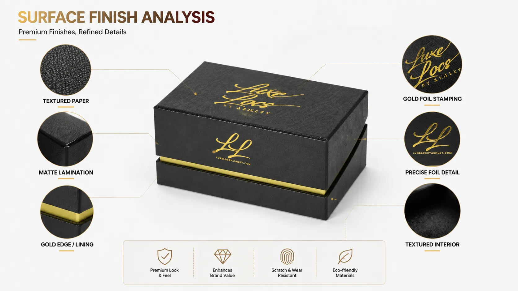 Black Embossed Lizard Grain Magnetic Closure Boxes – Hidden Strong Magnet Lid, Gold Foil Brand Logo, Gold Metallic Inner Trim & Custom Cut Foam Insert-Process