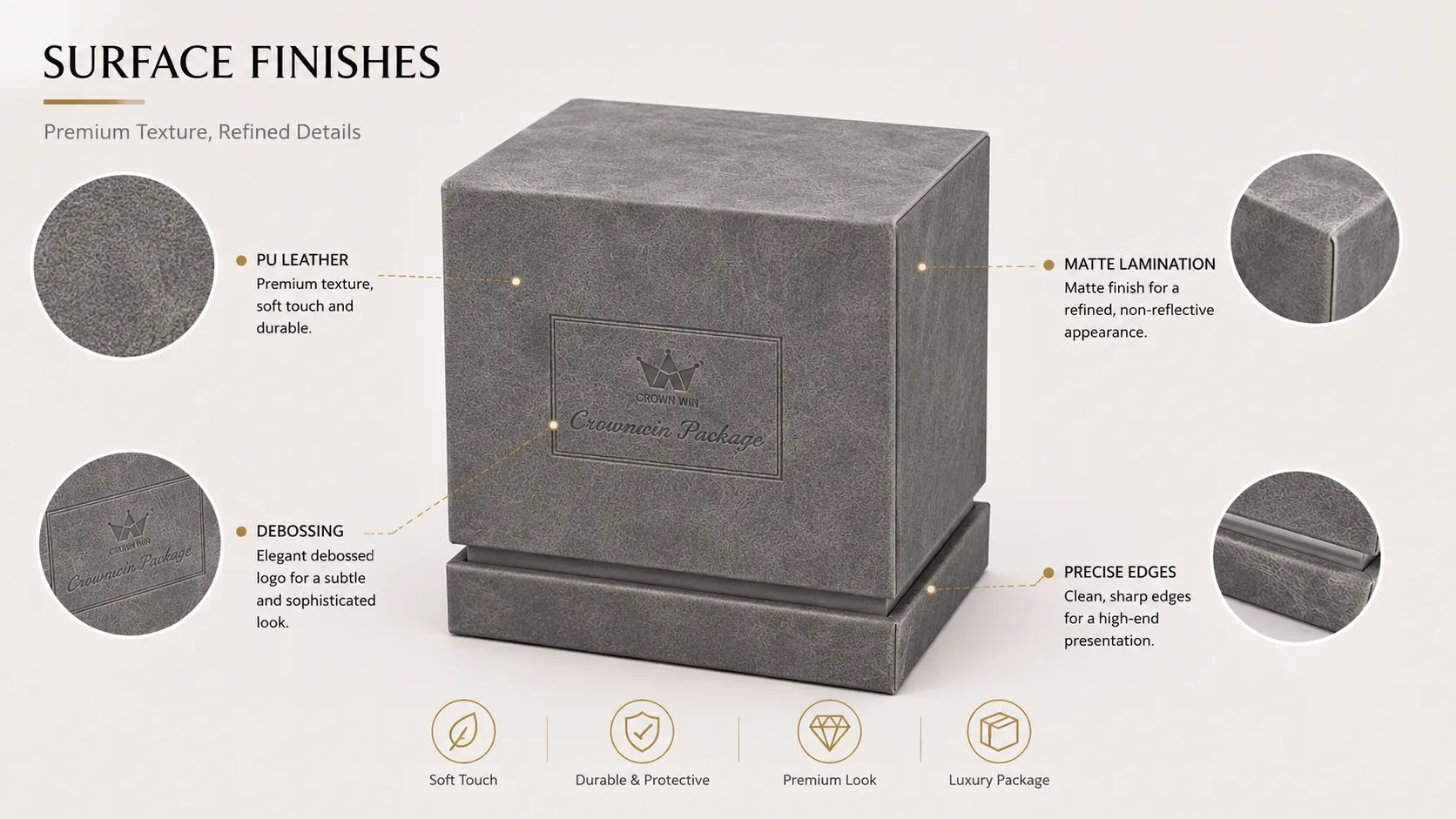 Soft Grey Suede Texture Square Lid & Base Candle Boxes – Custom Blind Deboss Brand Logo, Shiny Silver Metallic Inner Tray-Process