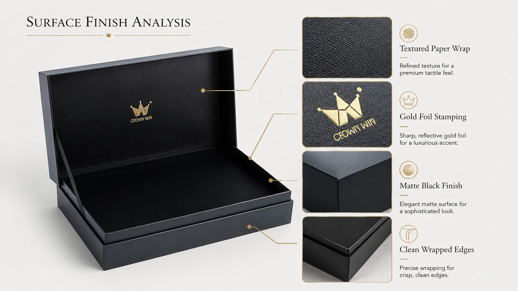 Black Textured Magnetic Lid Essential Oil Boxes – Custom Gold Hot Foil Logo, 4 Cavity High-Density EVA Foam Insert Rigid Luxury Gift Packaging for Multiple Essential Oil Bottles-Process