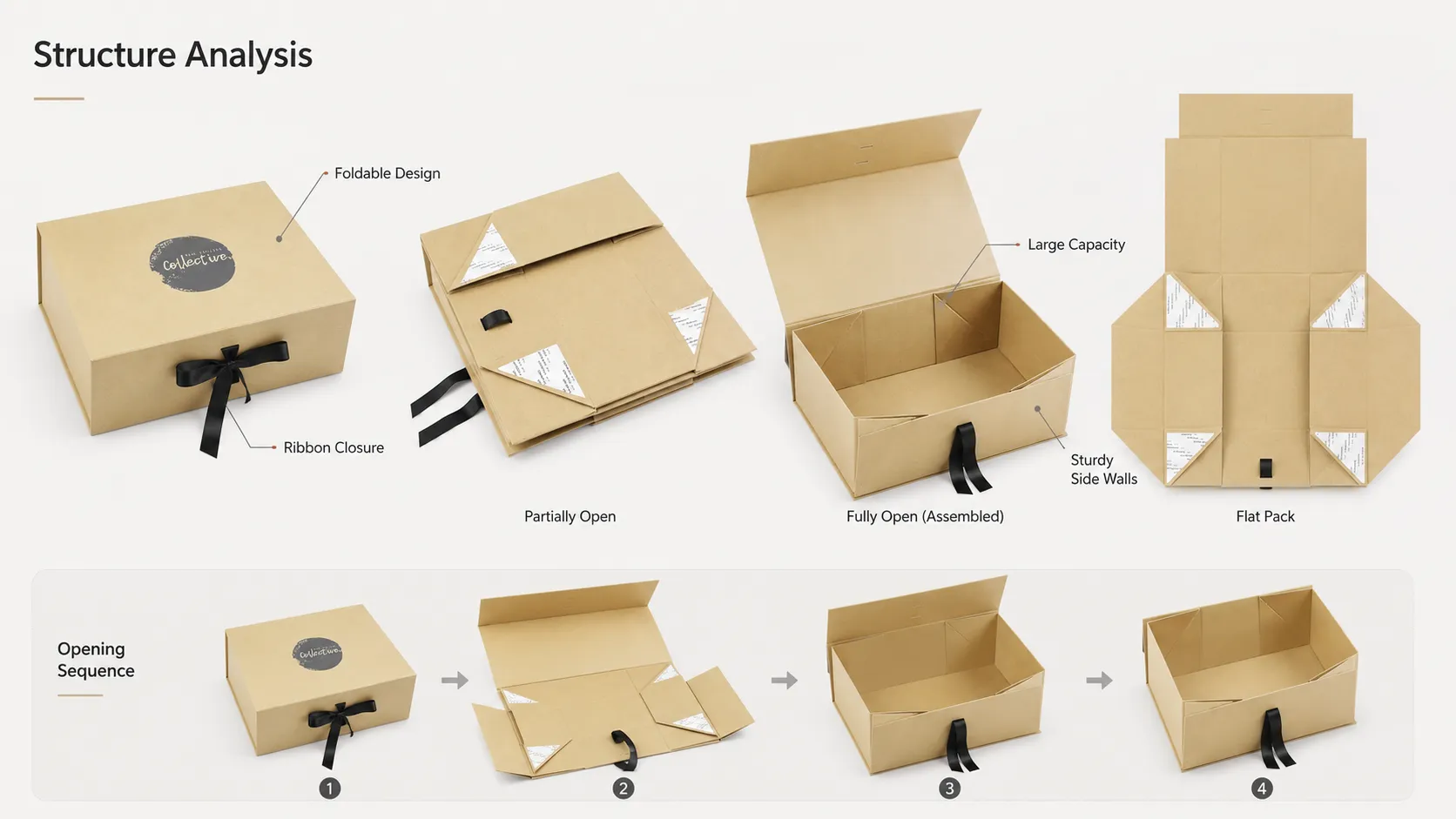 Kraft One Piece Folding Box – Flat Collapsible Foldable Gift Box with Satin Ribbon Closure, Custom Print Eco Paper Packaging for Cosmetics & Gift Sets-Structure1