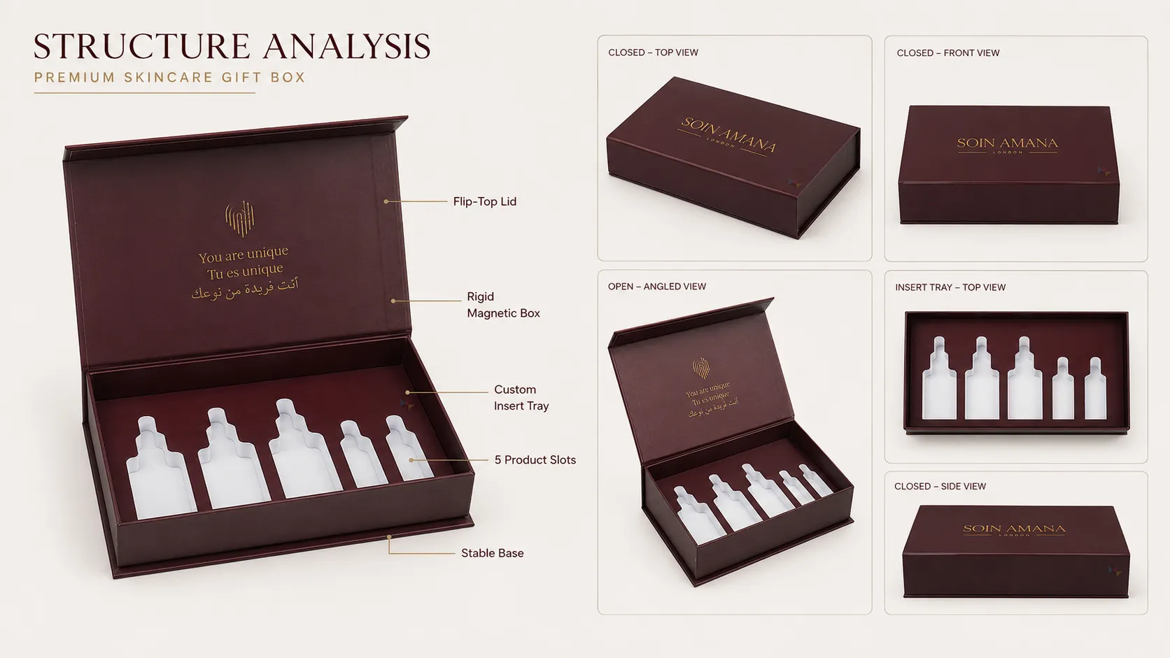 Matte Burgundy Magnetic Flip Lid Rigid Skincare Packaging Gift Box – Luxury Mixed-Size Serum Bottle Skincare Set Packaging-Structure
