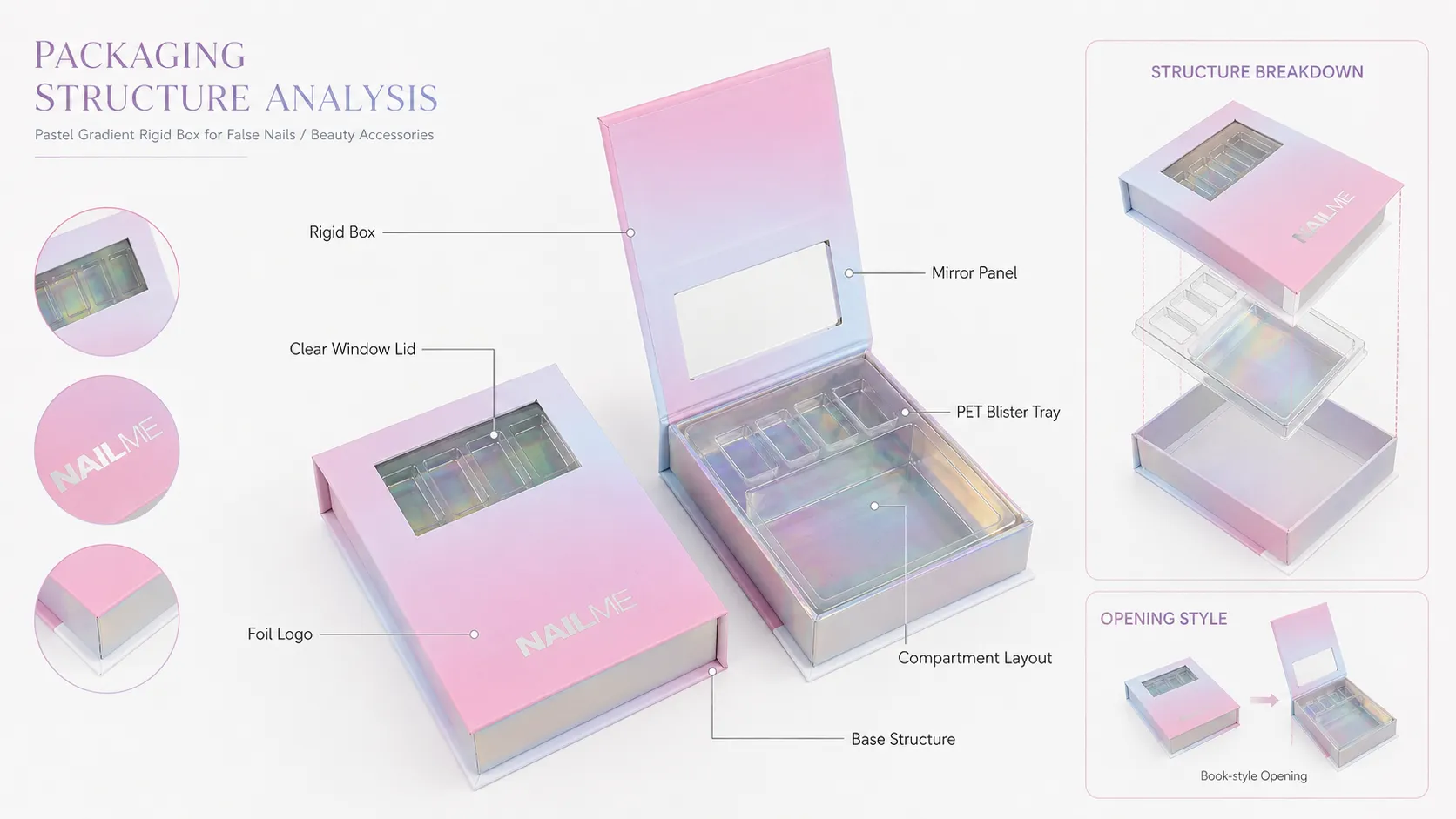 Pastel Pink-Blue Gradient Magnetic Window Box Packaging – Clear Display Window, Built-In Vanity Mirror & Removable Holographic Divided PET Insert Tray-Structure
