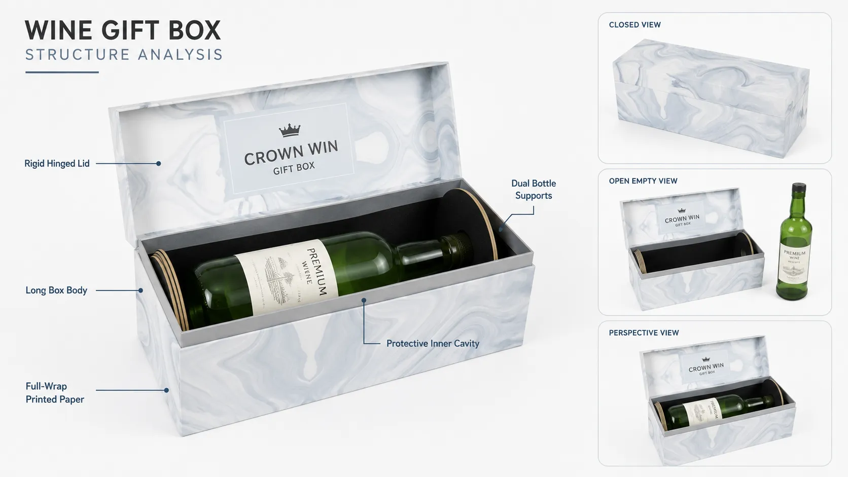 Luxury Long Rigid Magnetic Closure Boxes – Magnetic Flip Lid Wine Gift Boxes For Single Whiskey & Liquor Bottles-Structure