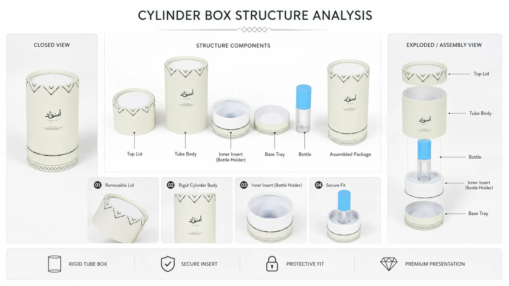 Cream Silver Geometric Printed Rigid Paper Cylinder Box-Structure