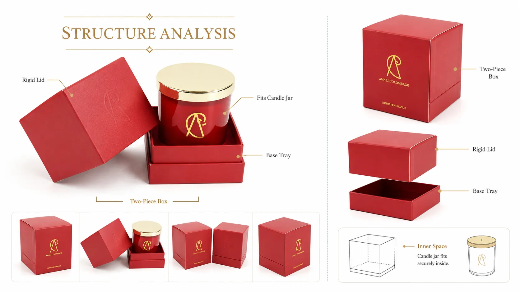 Vibrant Red Leather Grain Lid & Base Square Candle Boxes – Custom Gold Hot Foil Logo + Blind Emboss Pattern, Matching Red Inner Tray Rigid Luxury Packaging-Structure