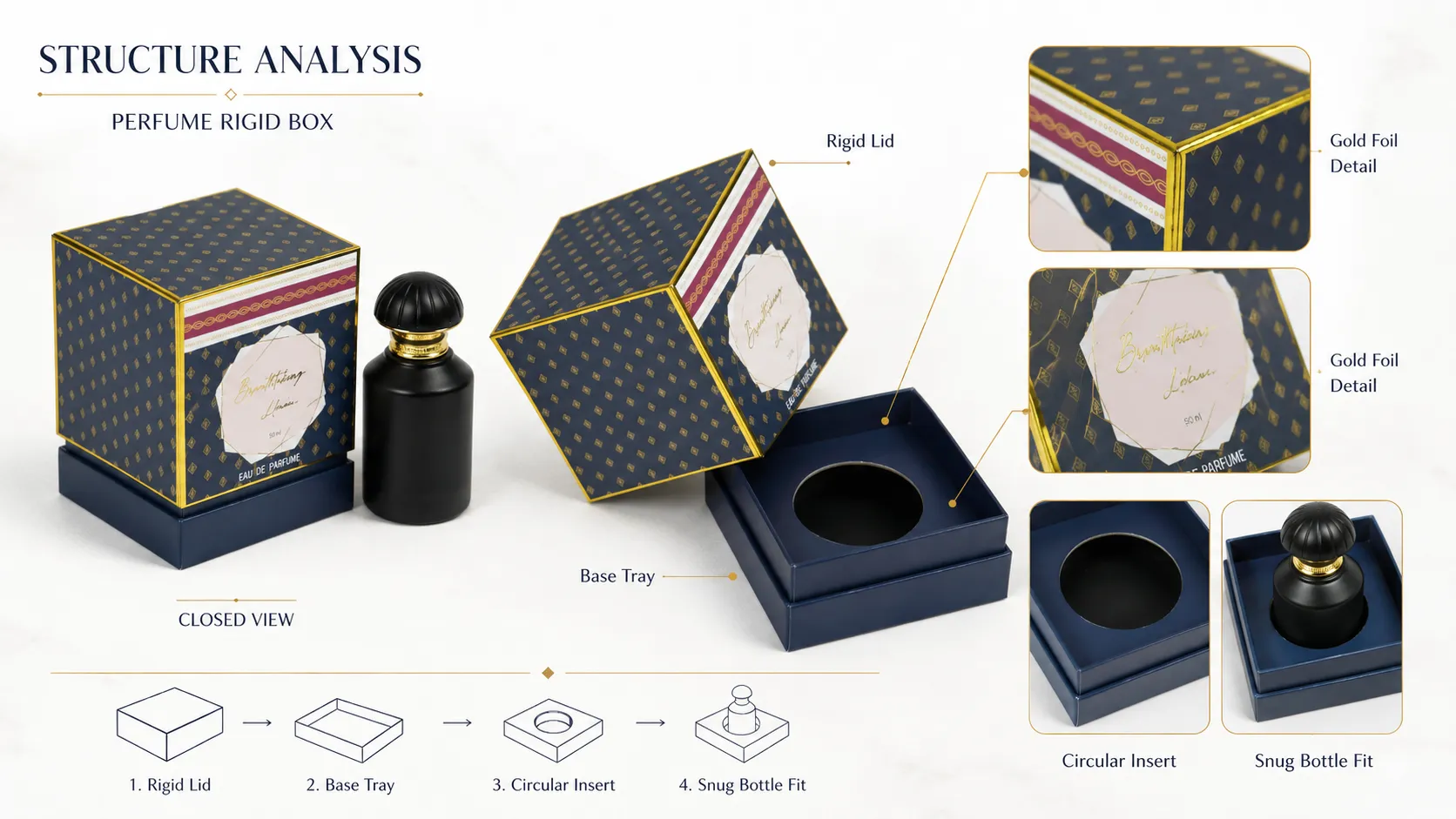 Navy Gold Foil Patterned Rigid Square Lid And Base Box – Custom Two-Piece Luxury Perfume & Fragrance Gift Packaging Box-Structure