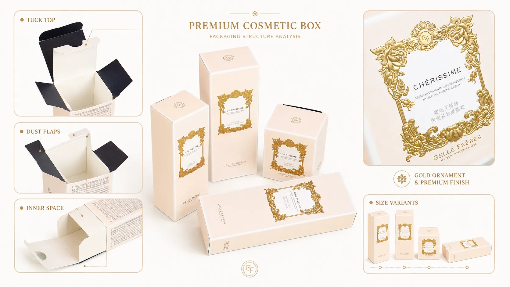 Luxury Cream Custom Gold Embossed Tuck Folding Cartons – Multi-Size Reverse Tuck Paper Box, Premium Packaging for Face Cream & Skincare Bottles-Structure