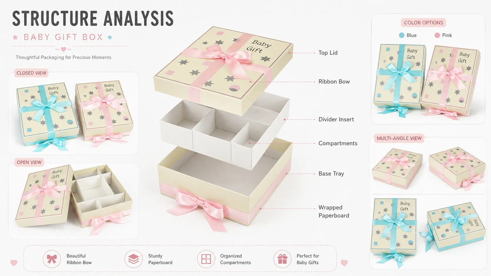 Lid And Base Rigid Box – Pastel Star Print Baby Shower Gift Box with Divider Tray & Satin Ribbon Bow for Newborn Sets-Structure