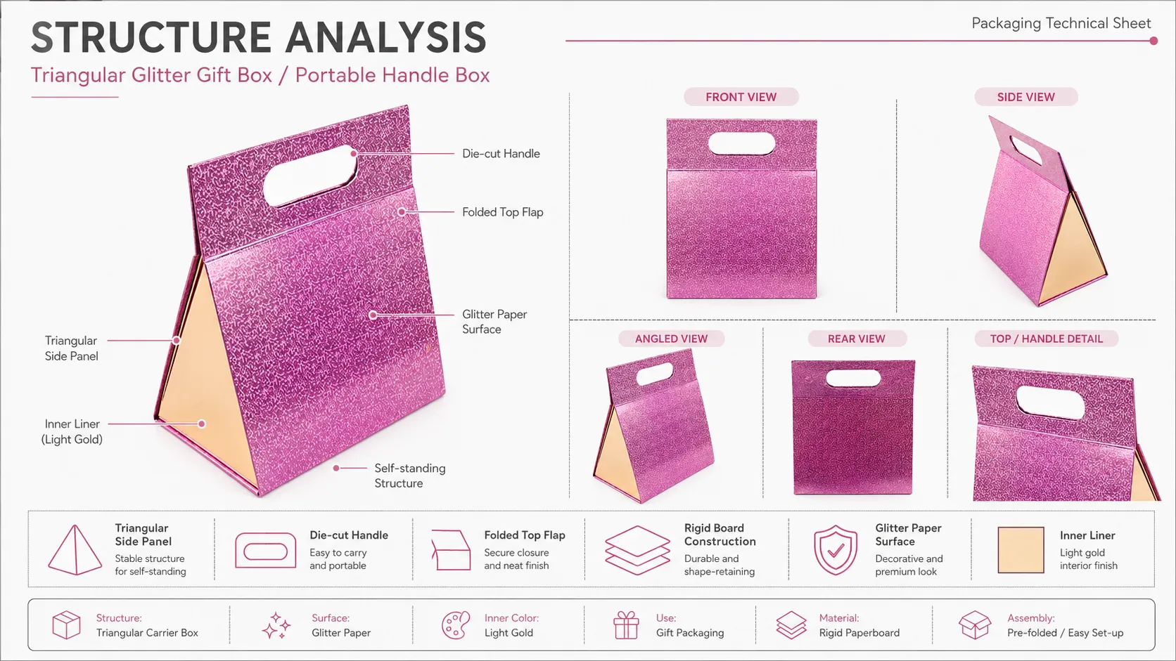 Custom Glitter Triangle Folding Box With Handle-Structure