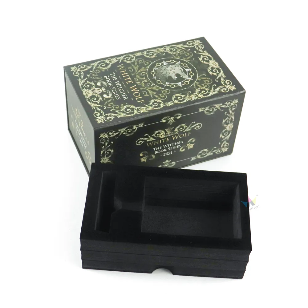 Magnetic flip cosmetic boxes with tailor-cut EVA foam liner placed outside box, custom compartment foam insert