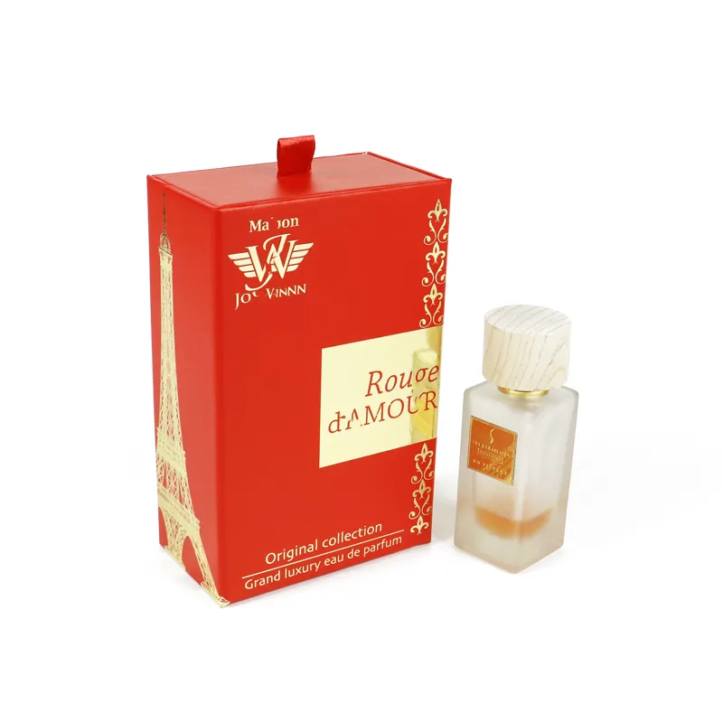 Angled open red ribbon pull perfume boxes, square glass perfume bottle placed inside precision molded black EVA foam cavity