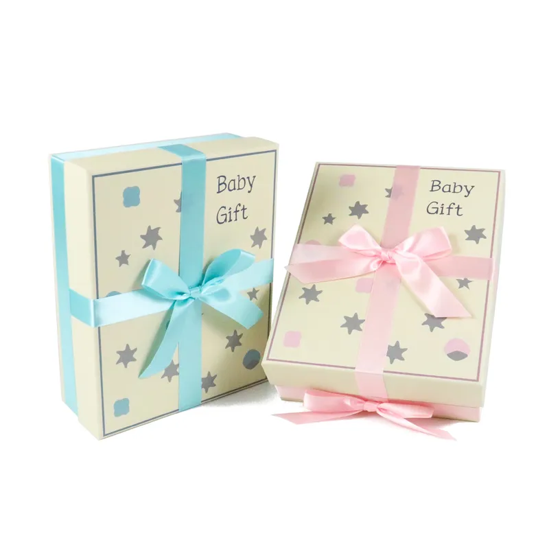 Slanted presentation set of baby shower lid and base gift box with cute neutral star artwork