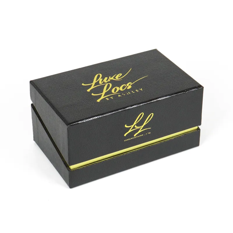 Angled standing magnetic closure boxes dual logo print front and side view, premium rigid magnet gift box for hair care product sets