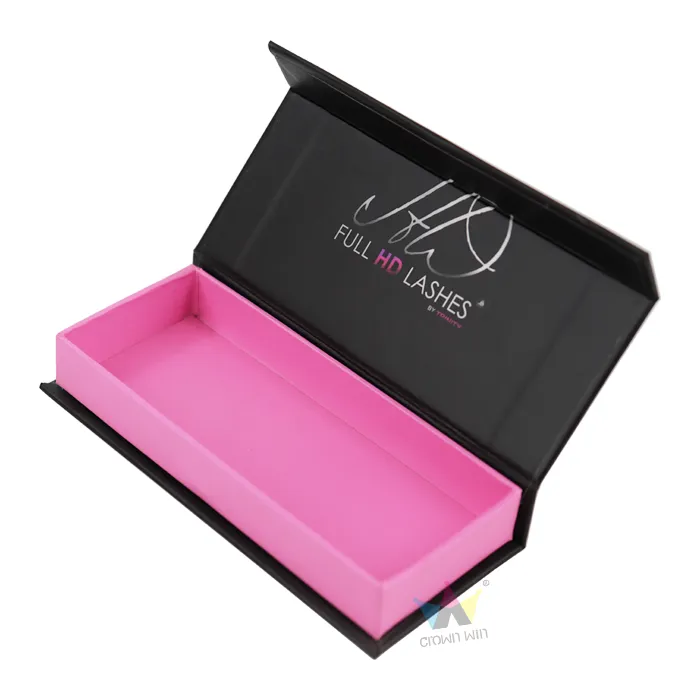 Angle shot open magnetic eyelash cosmetic boxes, custom printed brand signature logo on inner black lid surface