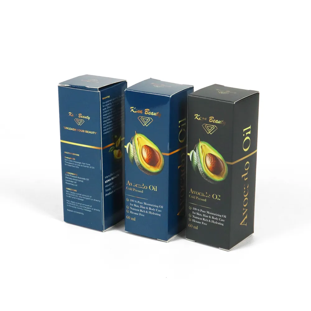 Top angled collection shot of multi-color slim tuck boxes for cold pressed avocado oil packaging