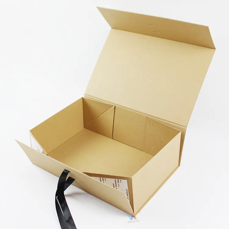 Assembled kraft one piece folding gift box neatly tied with black ribbon, customizable printed circular brand logo