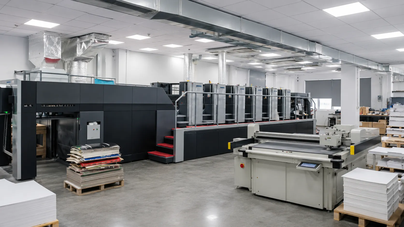 Advanced offset printing and die-cutting production lines inside Crown Win custom paper box factory, automated packaging manufacturing workshop