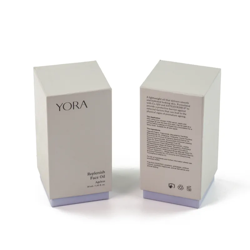 Back panel detail of minimalist skincare packaging box with custom printed ingredient information, instructions and recycling icons