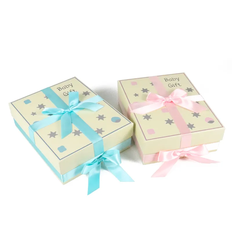 Top view matte cream lid and base rigid box with blue ribbon and grey star pattern baby gift packaging