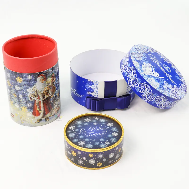 Blue winter ballet print cylinder boxes, round paper tube decorated with purple satin ribbon bow