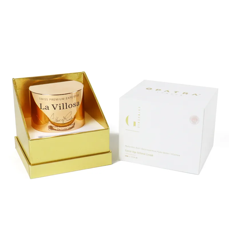 Branded square luxury cosmetic skincare packaging set, minimalist two-piece lid base box with matte white exterior and gold inner lining