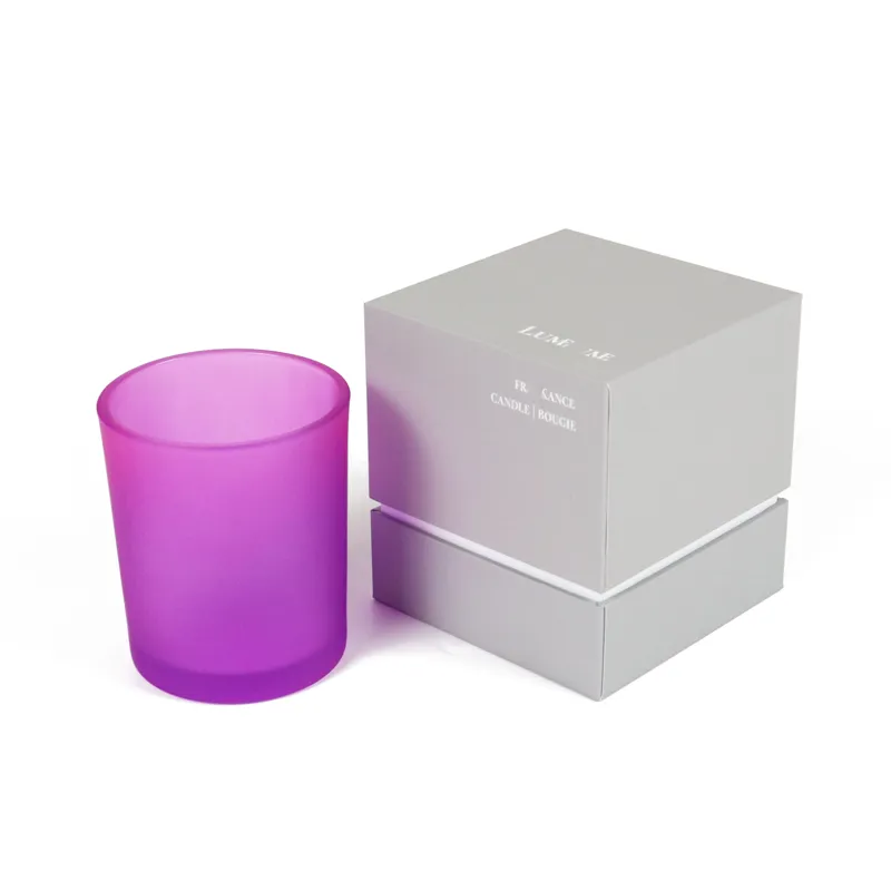 Purple frosted glass fragrance candle jar fitted inside matte grey rigid candle boxes, retail gift candle packaging boxes