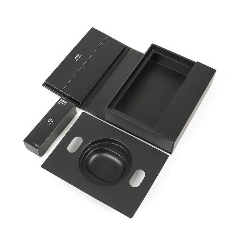 Top slanted view closed black double door box, premium rigid packaging for wireless earphone gift sets