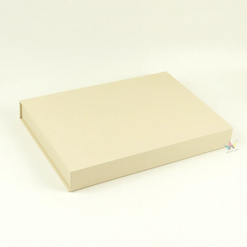 Closed blank neutral beige rigid cosmetic boxes, smooth matte finish plain cosmetic packaging top view