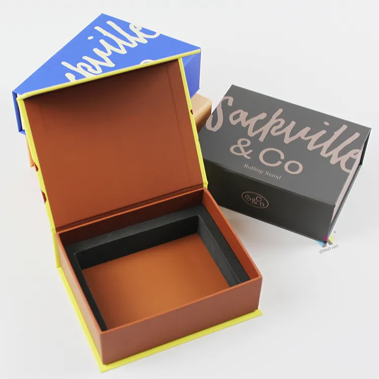 Closed three-quarter view of bright blue rigid magnetic box with custom brand logo printing