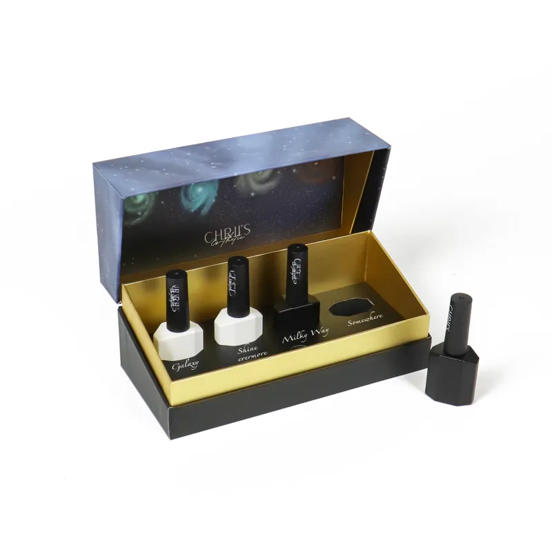 Closed long blue galaxy starry sky magnetic closure box, custom printed rigid cosmetic packaging