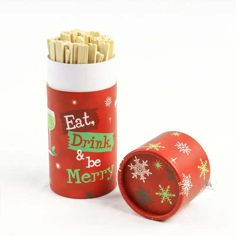 Closed red Christmas printed cylinder boxes, round paper tube packaging for bamboo cocktail food picks