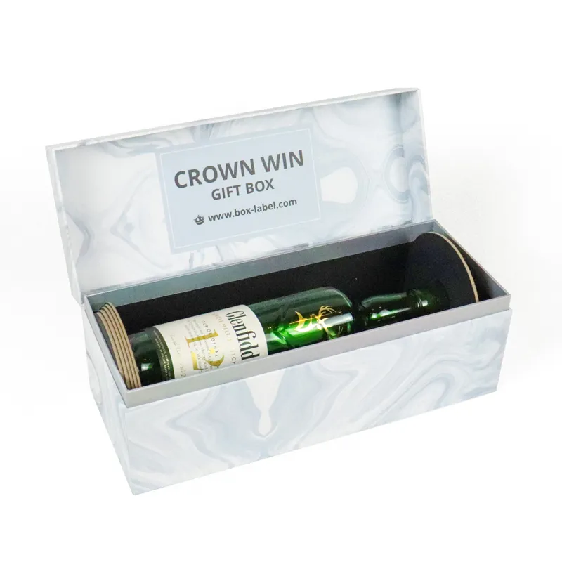 Closed empty long rectangular marble print magnetic closure boxes top front view, glossy luxury wine magnet gift box blank for custom logo